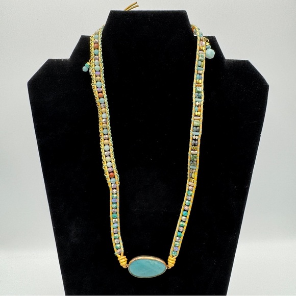 Boho Leather Beaded Necklace w/ Teal Gemstone Pendant 20-22” - Picture 4 of 9